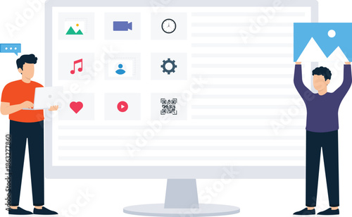 Digital content management system interface showing multimedia icons, two people interacting with computer screen, web development, data organization, online platform, flat design style
