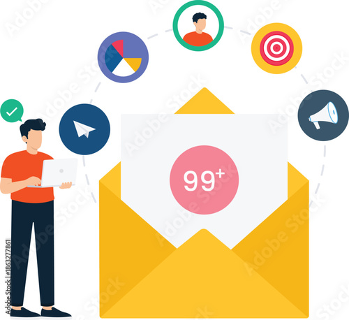 Email marketing digital communication notification message online strategy business analytics customer engagement target audience social media flat design modern concept user experience data analysis
