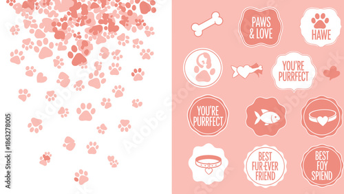 Cute pink pet stickers with paw prints and love themes