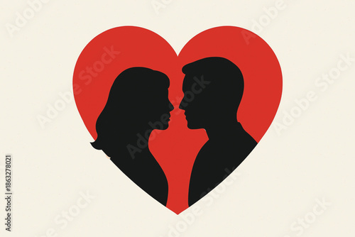 Heart and couple silhouette background, flat vector