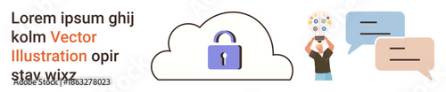 Cybersecurity, cloud storage, data protection, secure communication, innovation, online safety. A cloud with a lock, chat bubbles and a person holding interconnected nodes. Cybersecurity and cloud