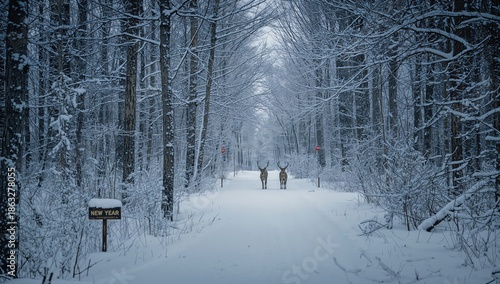 Winter Scene With Deer on a Snow-Covered Path in a Forest During New Year