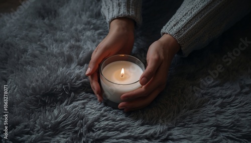 Person Holds Small Candle Sitting on Soft Rug in a Dim Room During Evening Hours