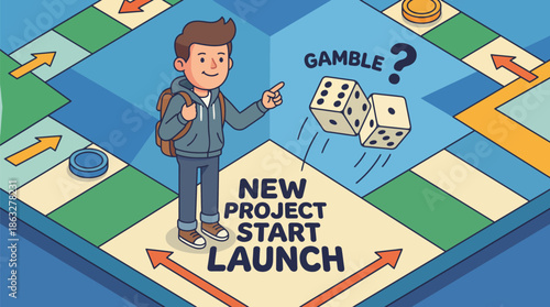 Young man standing on game board with new project start launch and gamble decision