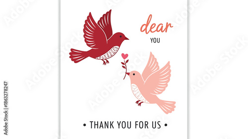 Lovely doves with heart symbol on thank you card for love