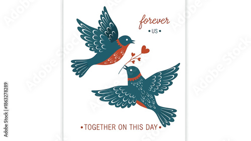 Loving couple of birds with hearts in romantic flight together