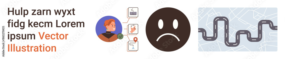 Fototapeta premium Navigation issues, emotional decisions, digital maps, problem-solving, direction finding, user experience. A sad face, map route and digital elements. Navigation issues and emotional decisions