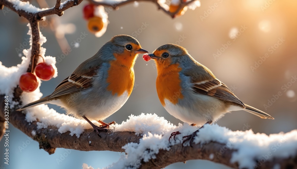 Fototapeta premium Two robins share a red berry on a snow covered branch in soft sunlight. One bird offers food to another. Cute avian couple in winter forest scene.