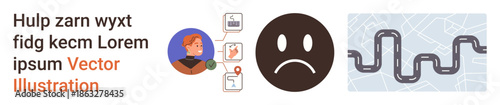 Navigation issues, emotional decisions, digital maps, problem-solving, direction finding, user experience. A sad face, map route and digital elements. Navigation issues and emotional decisions