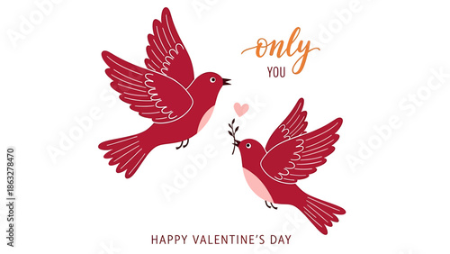 Valentine's Day card with romantic red birds and heart