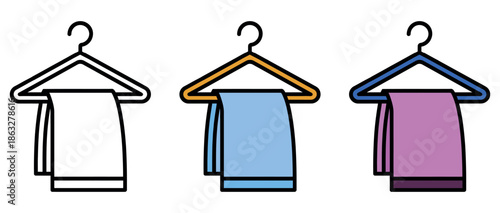 Hangers with folded towels icon set in outline, blue, and purple colors for apparel and laundry.
