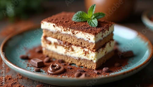 Slice of layered Italian tiramisu cake dusted with cocoa powder and garnished with mint leaf. Creamy dessert served on blue plate with chocolate pieces and cocoa powder. © miss irine