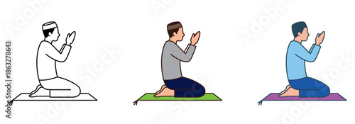 Muslim man kneeling in prayer on a mat, hands raised in supplication, illustrating islamic worship