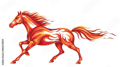 Dynamic fiery horse illustration, a powerful symbol of energy and strength, with vibrant flames embodying speed and passion, perfect for spirited designs and bold imagery