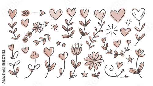 Hand-drawn love and floral design elements for Valentine's Day.