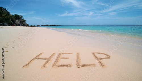 Help Written in the Sand Near the Ocean Shore During the Day