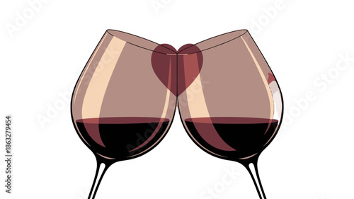 Two wine glasses with red wine creating a heart shape.