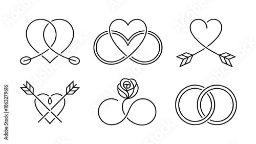 Various wedding icons including hearts, arrows, infinity symbols, and rings.