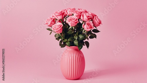 Fresh Pink Roses in a Striped Vase on a Pink Background With Soft Lighting