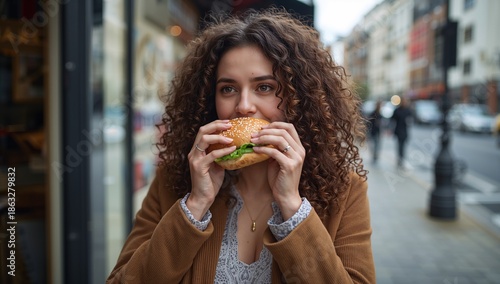 Woman Eating Sandwich on City Street With People Walking in the Background Du...