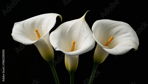White Calla Lilies Bloom With Yellow Centers Against a Dark Background in a C...