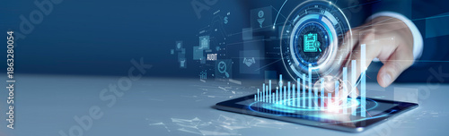 Businessmen use the tab analyzing audit and financial data. Compliance dashboard, risk management, financial analysis, corporate governance, business transparency © AD