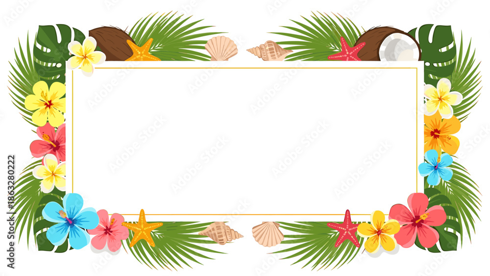 Fototapeta premium Tropical frame with hibiscus flowers, palm leaves, coconuts, and seashells around a blank rectangle.