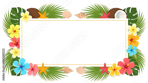Wallpaper Mural Tropical frame with hibiscus flowers, palm leaves, coconuts, and seashells around a blank rectangle. Torontodigital.ca