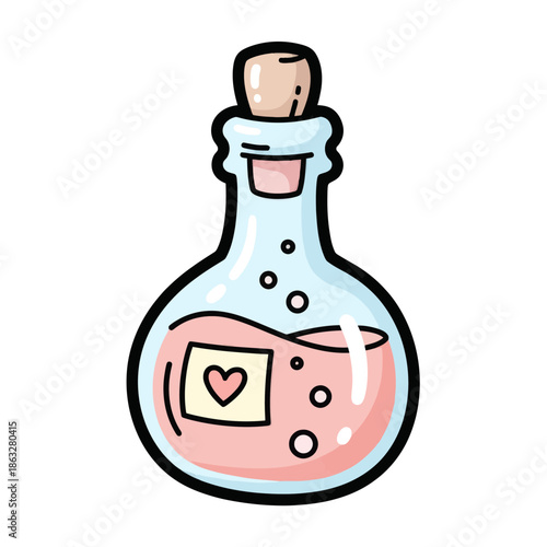 Cute cartoon potion bottle with pink liquid and heart label, isolated on white background.