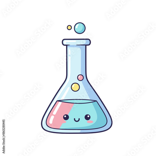 Cute Kawaii Chemistry Flask with Bubbles and Pink Blue Liquid
