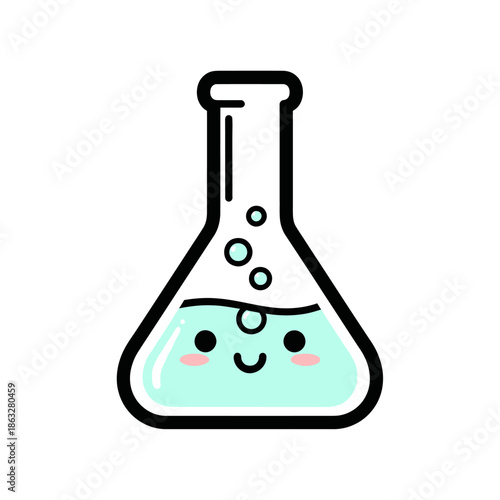 Cute Cartoon Erlenmeyer Flask with Blue Liquid and Happy Kawaii Face