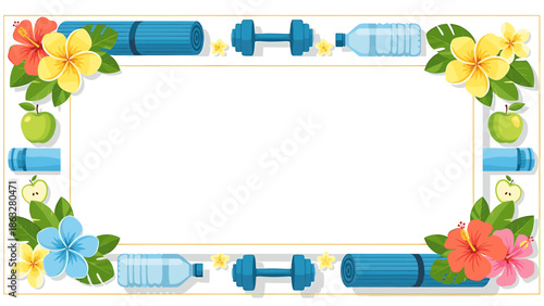 A decorative frame featuring fitness and tropical elements, including a yoga mat, dumbbells, water bottle, apples, and colorful hibiscus and plumeria flowers.