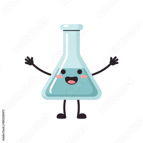 Happy Cartoon Flask with Blue Liquid - Science, Chemistry, Education
