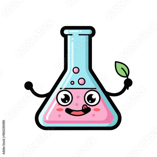 Cute Cartoon Erlenmeyer Flask Character Holding Green Leaf, Science and Nature Concept