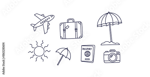 Minimalist Outline Doodle Icons Set for Summer Travel Vacation Essentials Kit