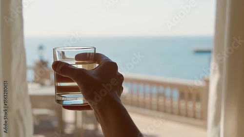 Holding a glass by the ocean view in midday sunlight