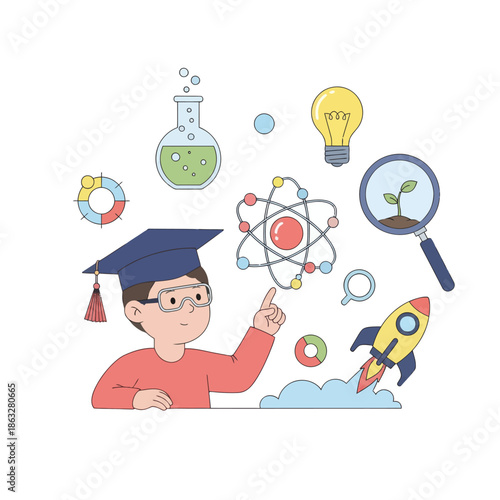 Young student explores science, innovation, and future achievements with colorful icons.