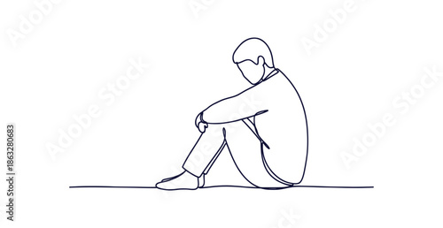 Minimalist Continuous Line Drawing Depressed Man Sitting Alone Suffering Mental Health Vector Illustration
