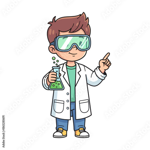 Young boy scientist in lab coat and goggles holding flask with green liquid and bubbles