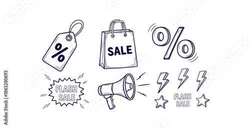 Hand Drawn Flash Sale Doodle Icons Set Megaphone Shopping Discount Promotion Vector