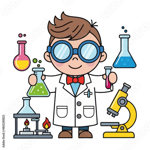Cute Cartoon Scientist Boy with Beaker, Flasks, and Microscope - Science Education