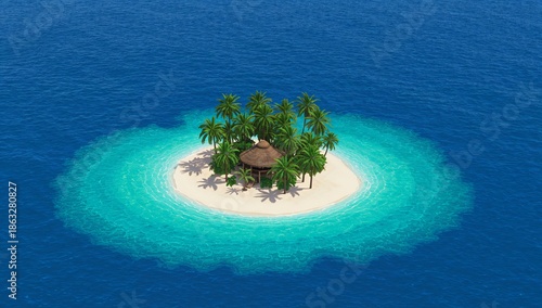 Small Tropical Island With a Hut and Palm Trees in Clear Blue Water