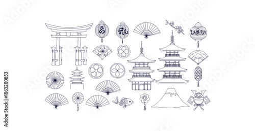 Detailed Japanese Traditional Travel Culture Icons Vector Set Torii Pagoda Fuji Fan
