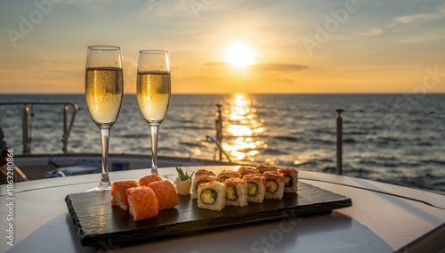 Enjoy Sushi and Drinks on a Boat at Sunset With Sparkling Water in the Backgr...