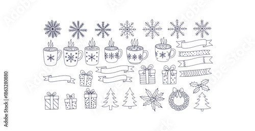 Detailed Hand-drawn Winter Doodle Set Snowflakes Cups Gifts Banners Wreath Christmas Line Art