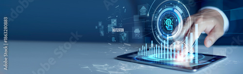 Foto Businessmen use the tab analyzing digitization and workflow data