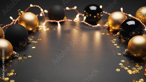 Holiday decorations with gold and black ornaments on dark surface with lights and confetti at night, christmas background