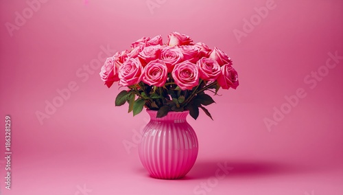 Fresh Pink Roses in a Striped Vase on a Pink Background With Soft Lighting