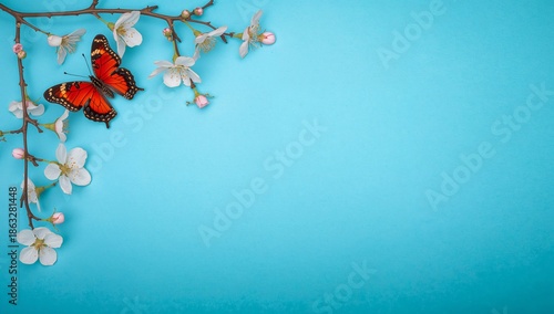 Colorful Butterfly on Flowering Branch Against Blue Background