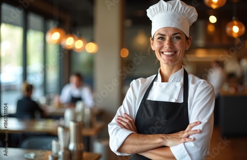 Wallpaper Mural Smiling female chef in white hat and apron stands with arms crossed in restaurant kitchen. She looks confident, ready for busy service. Other staff visible in background. Torontodigital.ca